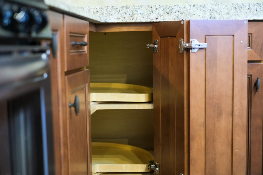 A view into a lazy Susan cabinet