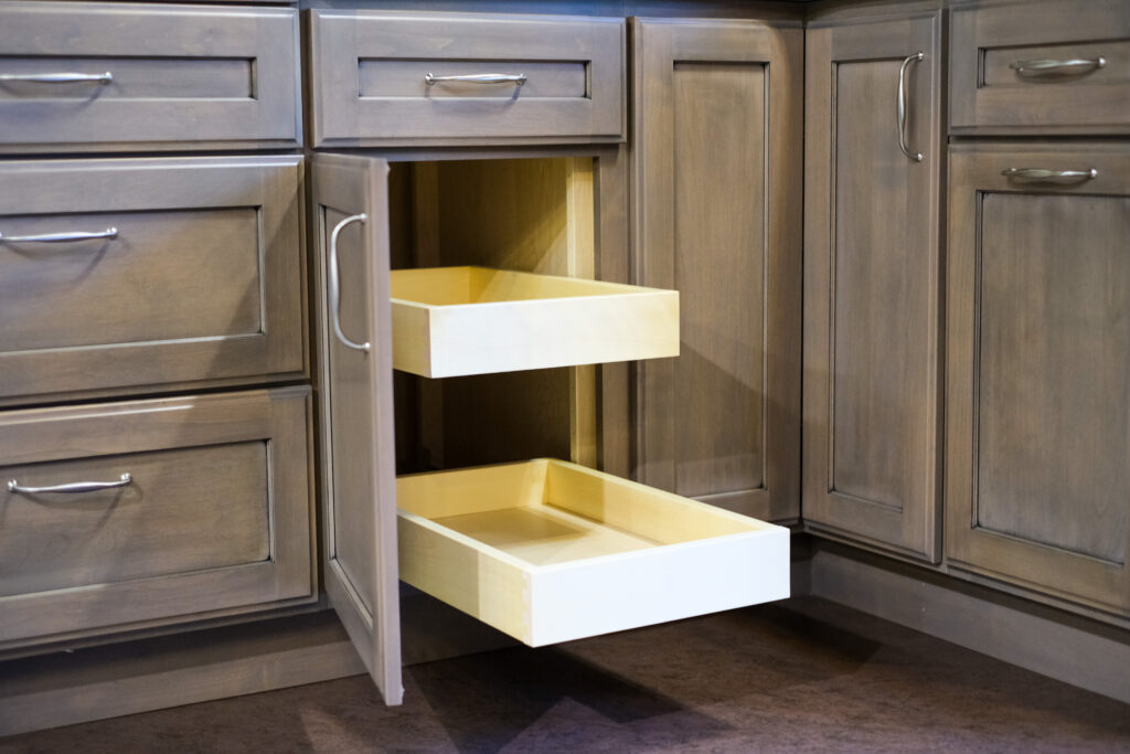 Two rollout shelves in a base cabinet.
